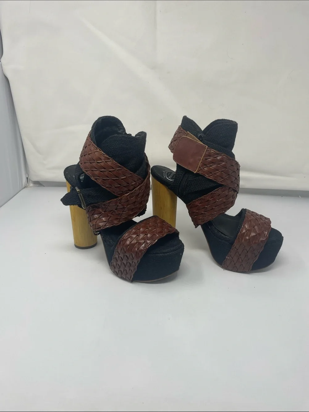 Jeffrey Campbell Handmade Havana Last Braided Brown Wrap Platform Wood Heels